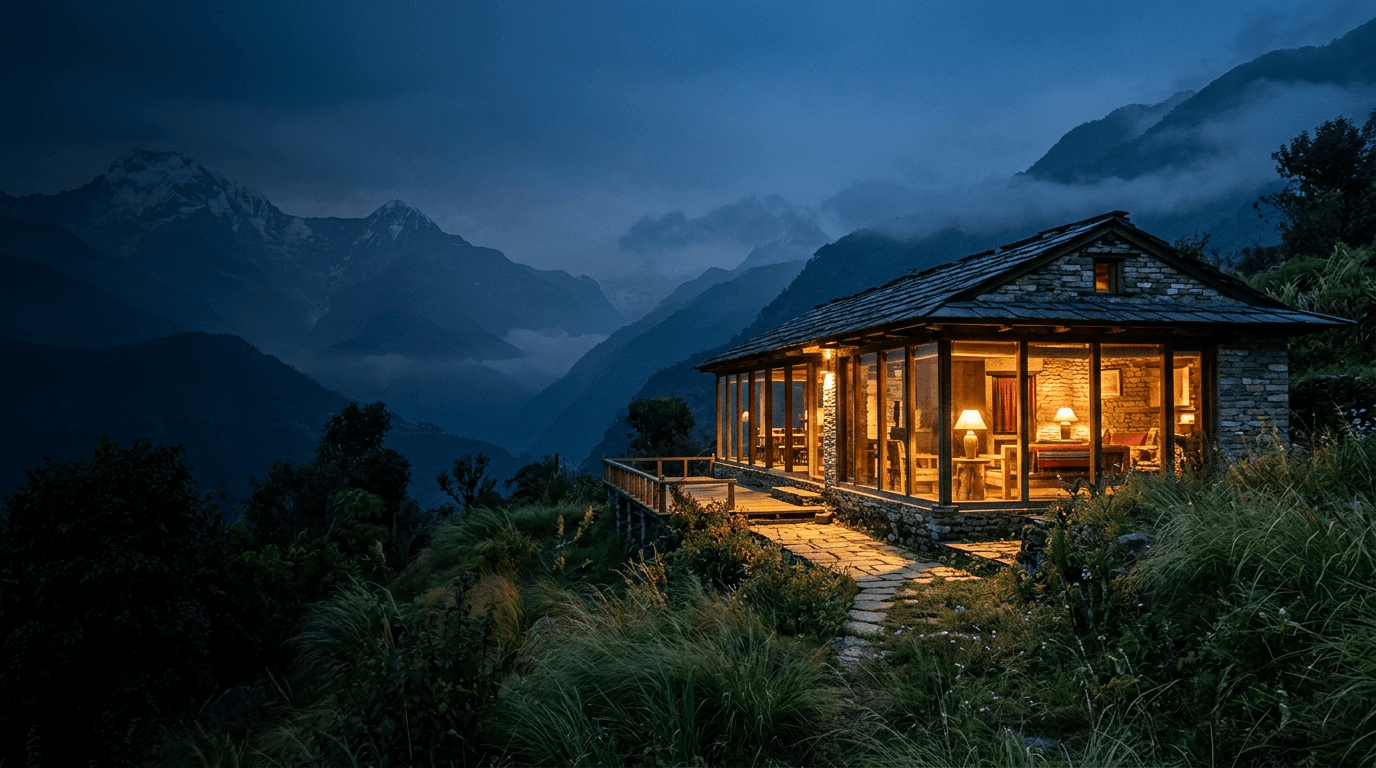 A warm mountain homestay in Nepal at dusk